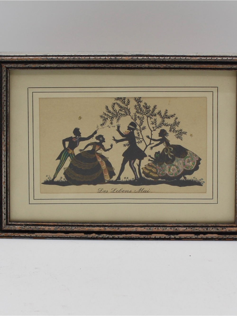 Vintage Framed Colored Silhouette Lithograph Print, German, Des Lebens Mai